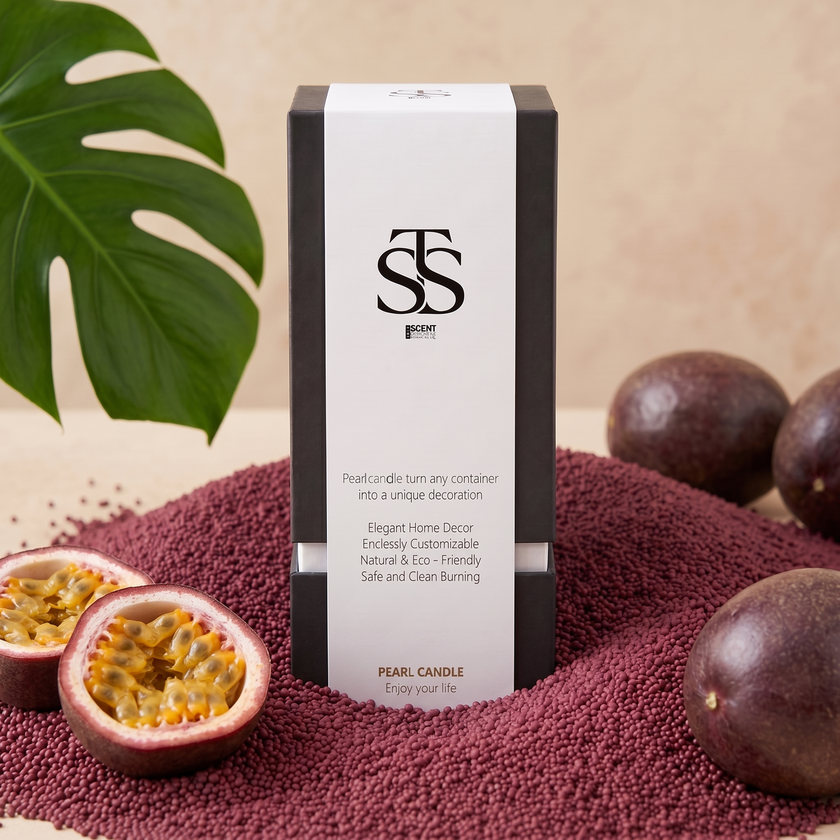 Drunken Pash retail box with wine-red sand wax pearls and fresh passionfruit