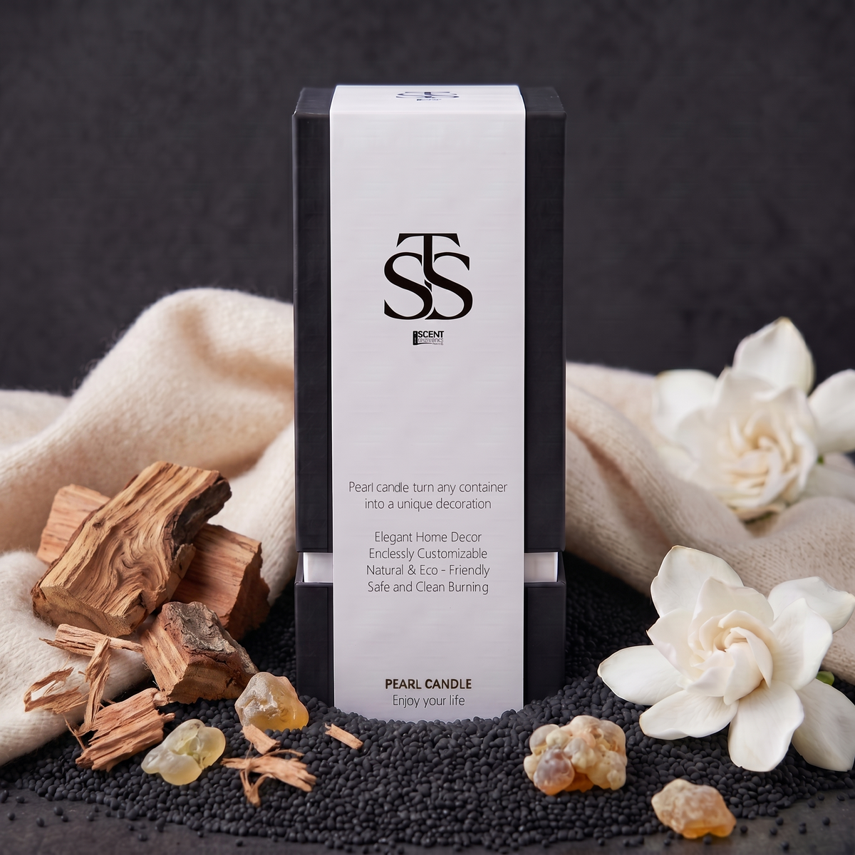 Fifty Shades of Musk retail box with black sand wax pearls, sandalwood and white florals
