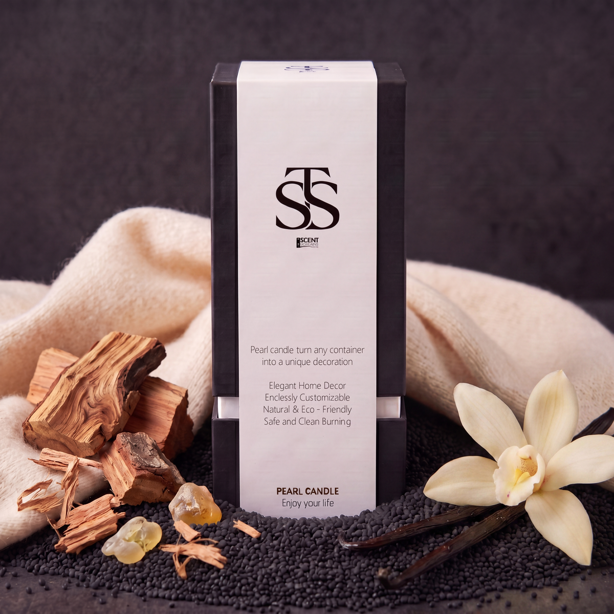 Sandalwood Secrets retail box with black sand wax pearls, sandalwood, amber resin and vanilla