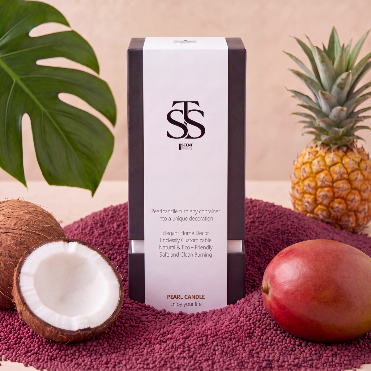 Tropical Tease retail box with wine-red sand wax pearls, coconut, mango and pineapple