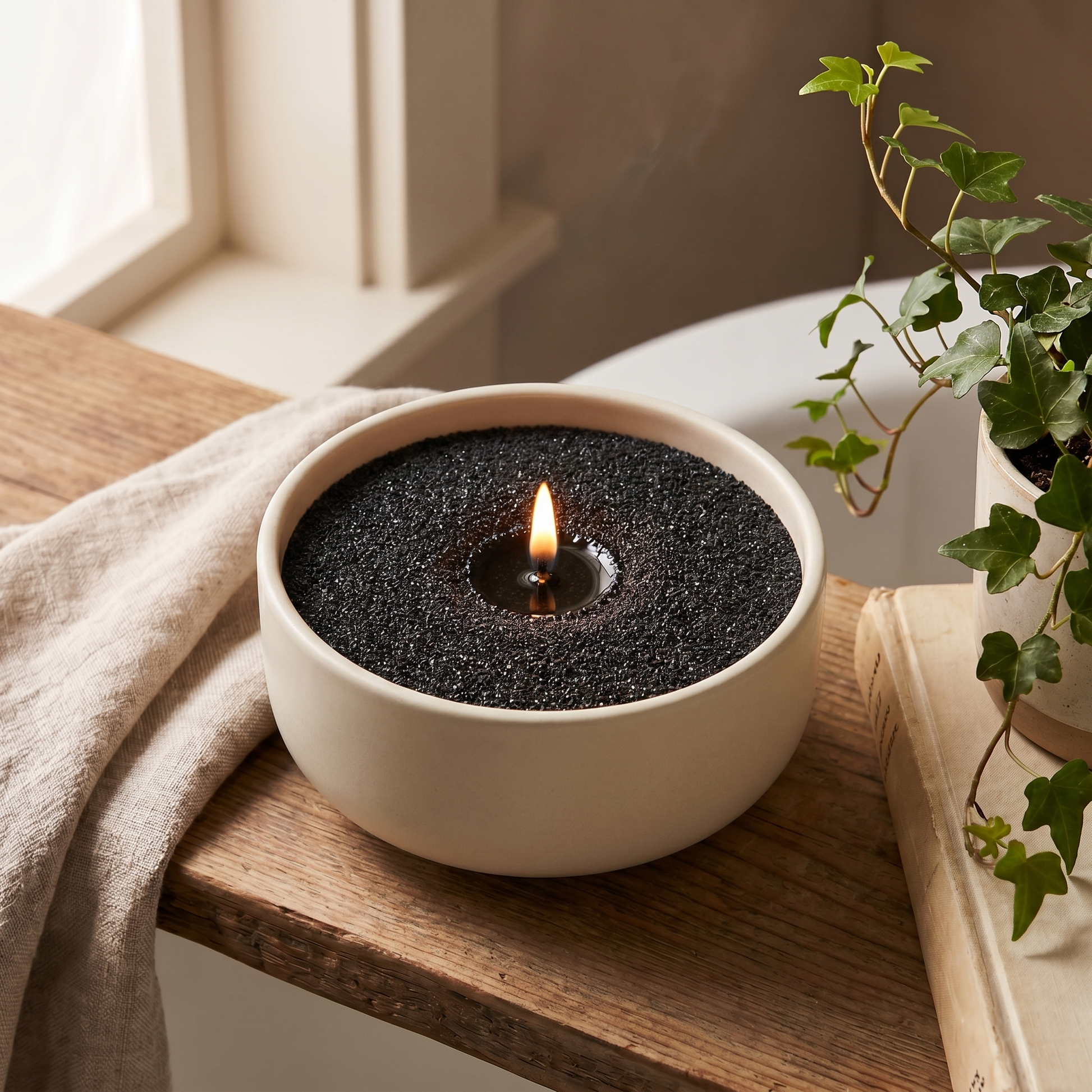 Fifty Shades of Musk black sand wax candle, lit, in a cream bowl beside a window