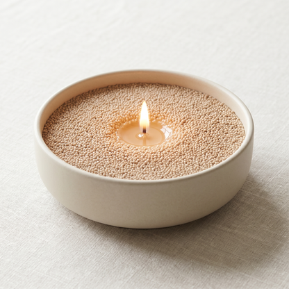 Coco Loco beige sand wax candle, lit, in a cream ceramic bowl