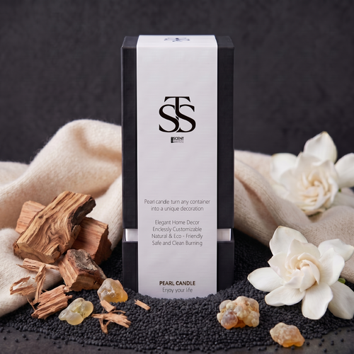 Fifty Shades of Musk retail box with black sand wax pearls, sandalwood and white florals