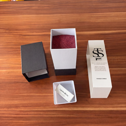Unboxed Drunken Pash — wine-red pearls in the white inner box, with lid, sleeve and wick box