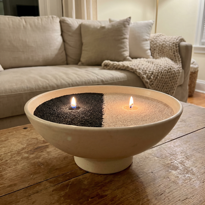 Fifty Shades of Musk and Coco Loco pearls poured half-and-half in one bowl, both wicks lit