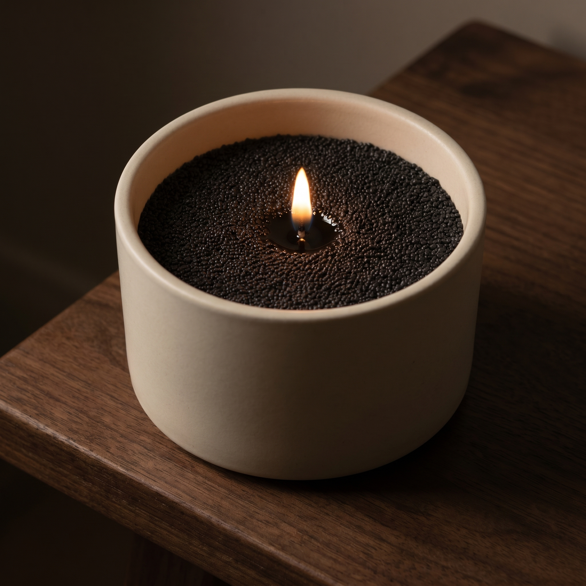 Fifty Shades of Musk black sand wax candle, lit, in a deep round bowl
