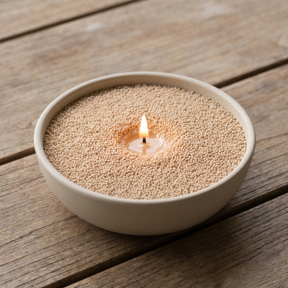 Coco Loco coconut vanilla sand wax candle, lit, in a round stone dish