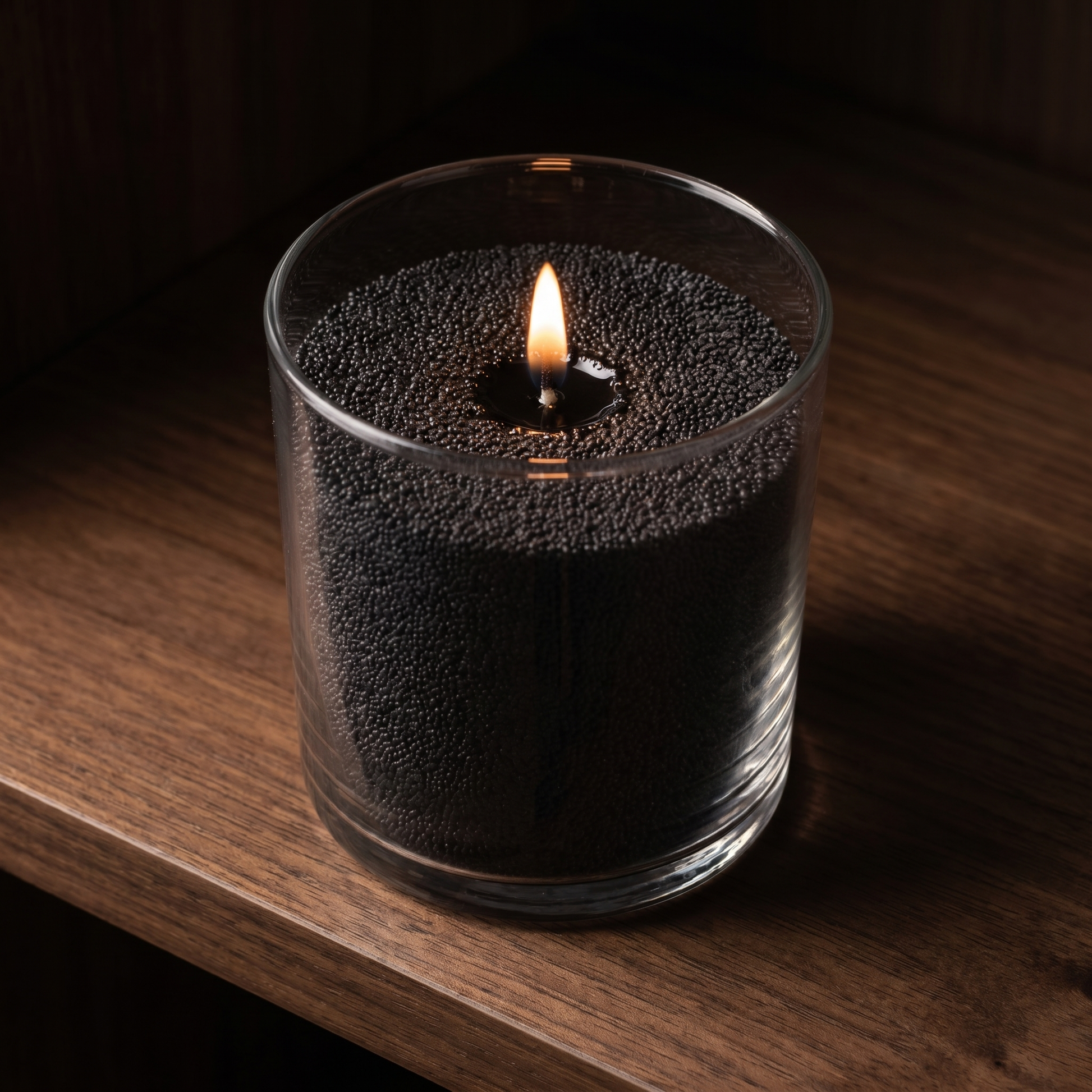 Fifty Shades of Musk black sand wax candle, lit, in a clear glass tumbler