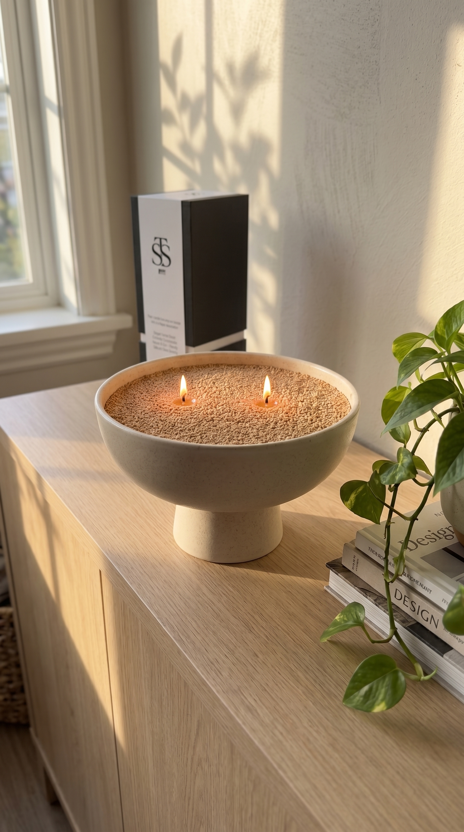Coco Loco sand wax candle with two wicks lit in a footed bowl, retail box behind